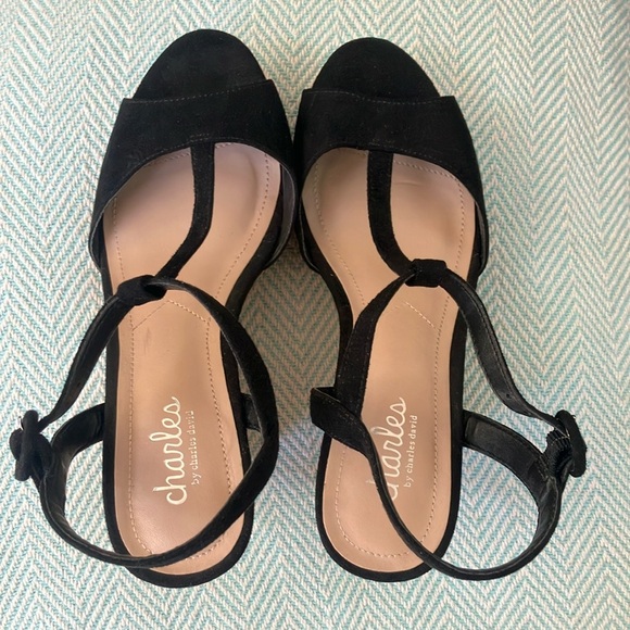 Charles By Charles David Black Wedge Sandals with Ankle Strap - Picture 9 of 15